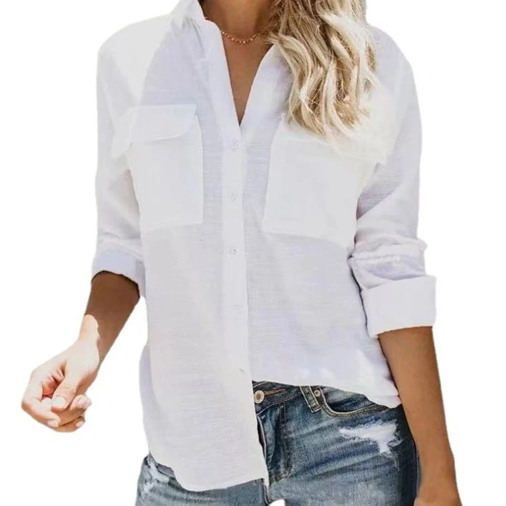 Women Long Sleeve Blouse Pure Color Button Closure Turn Down Collar V Neck Shirt Tops with Pockets White XL