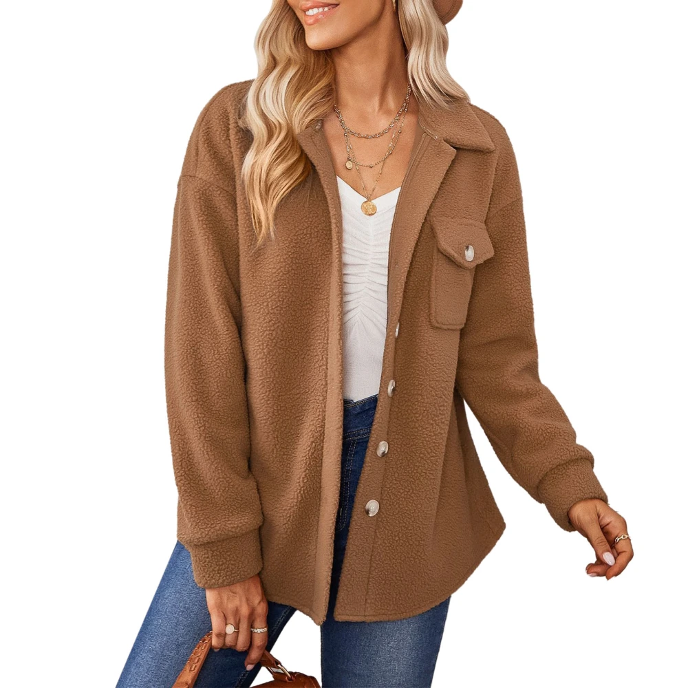 Women Lapel Jacket Pure Color Chest Pocket Button Closure Long Sleeves Machine Washable Casual Coat for Winter Autumn Khaki L