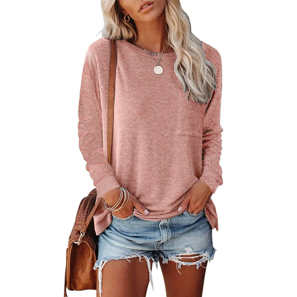 Crewneck Blouse Polyester Long Sleeve Pure Color Women Loose Fit Top with Pocket Pink S