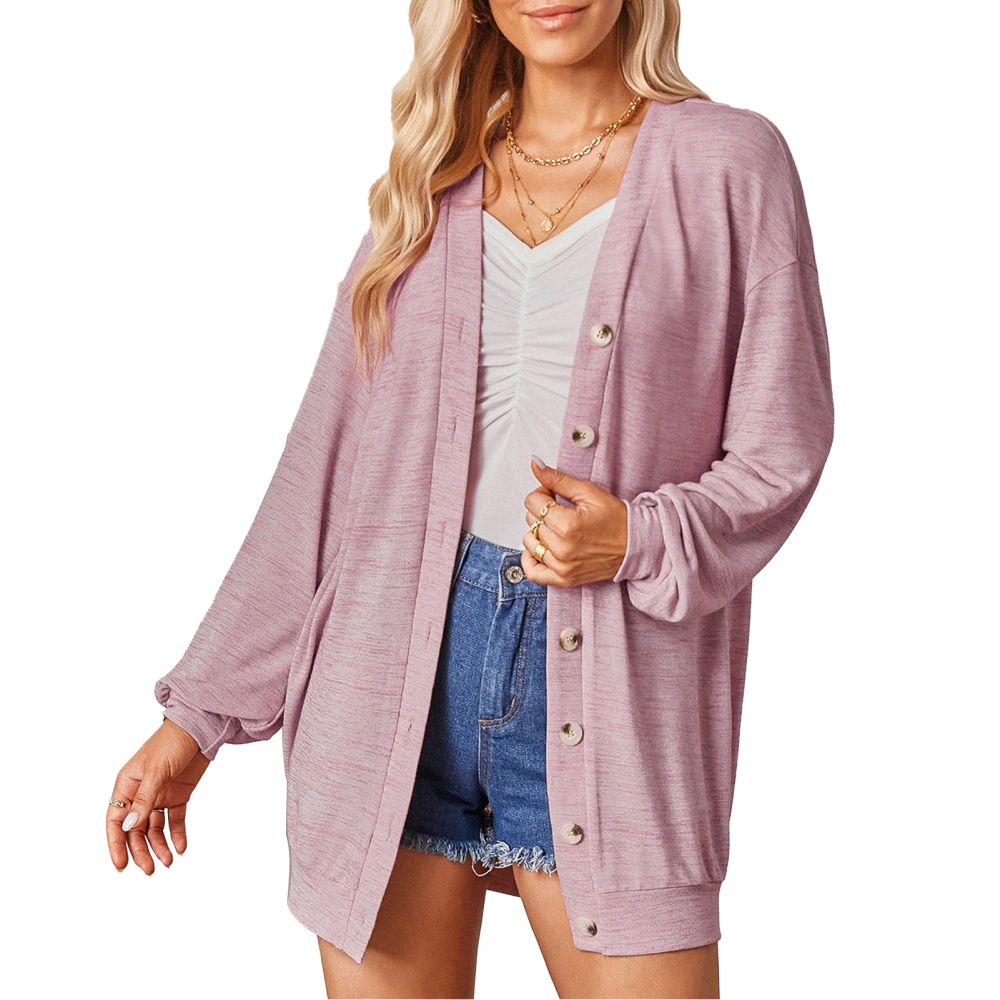 Women Cardigan Sweater Drop Shoulder Button Down V Neck Casual Knitwear Coat for Daily Wear Pink M