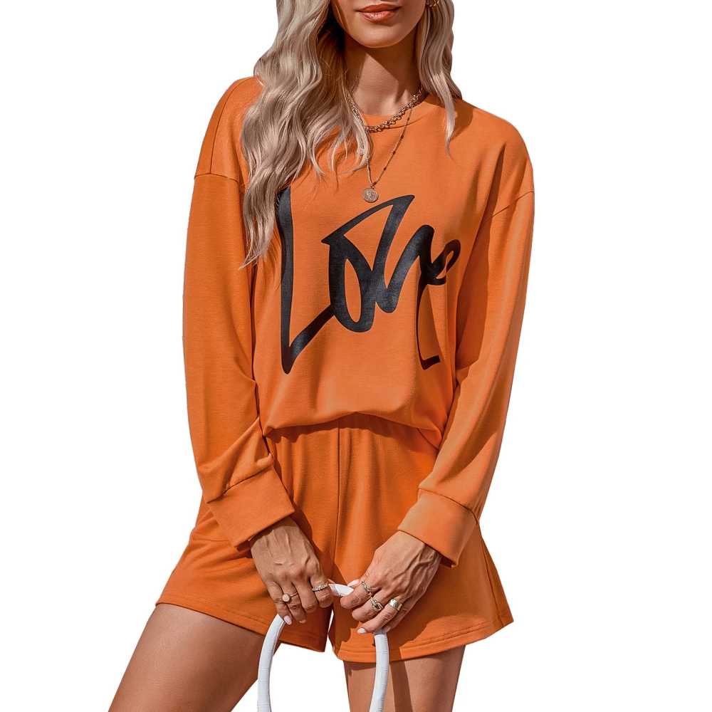 Women Long Sleeve Tops Shorts 2 Piece Set Round Neck Letter Print Casual Tracksuit Outfits Loungewear Sweatsuit Sets Orange S