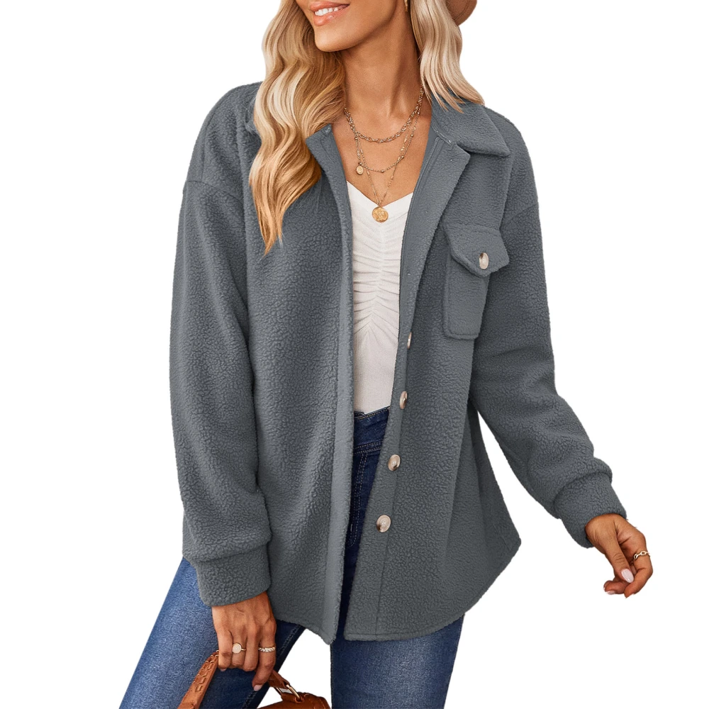 Women Lapel Jacket Pure Color Chest Pocket Button Closure Long Sleeves Machine Washable Casual Coat for Winter Autumn Dark Gray XL