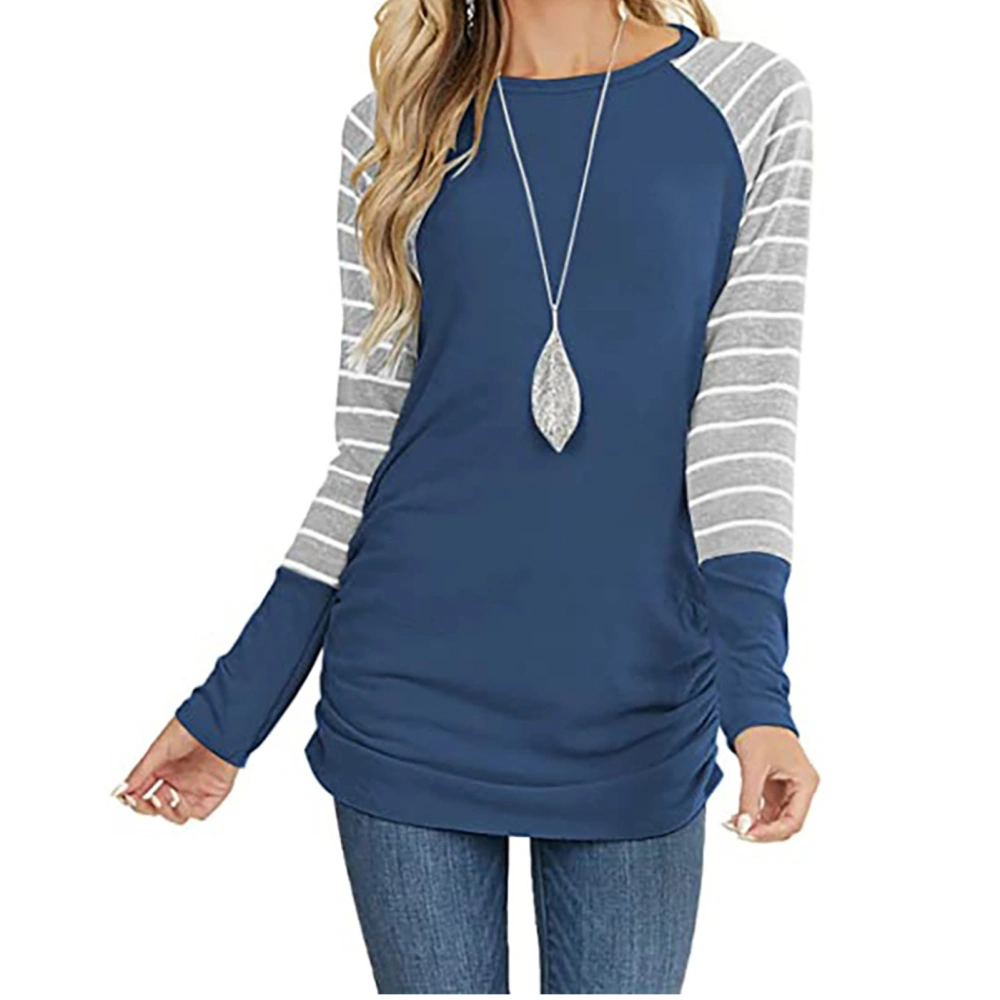 Women Striped Long Sleeve Shirts Raglan Round Neck Color Block Tunic Tops with Side Shirring for Daily Wear Blue XL