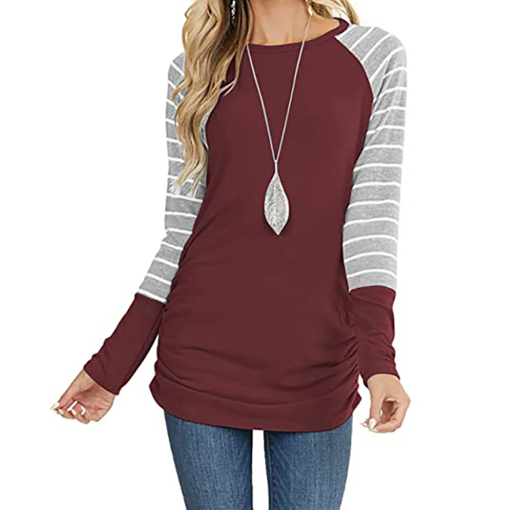 Women Striped Long Sleeve Shirts Raglan Round Neck Color Block Tunic Tops with Side Shirring for Daily Wear Wine Red M