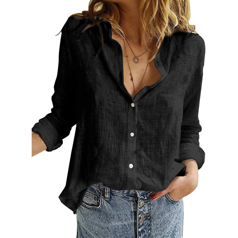 Womens V Neck Roll Up Sleeve Button Down Top Solid Color Breathable for Date Work Daily Shopping Black L