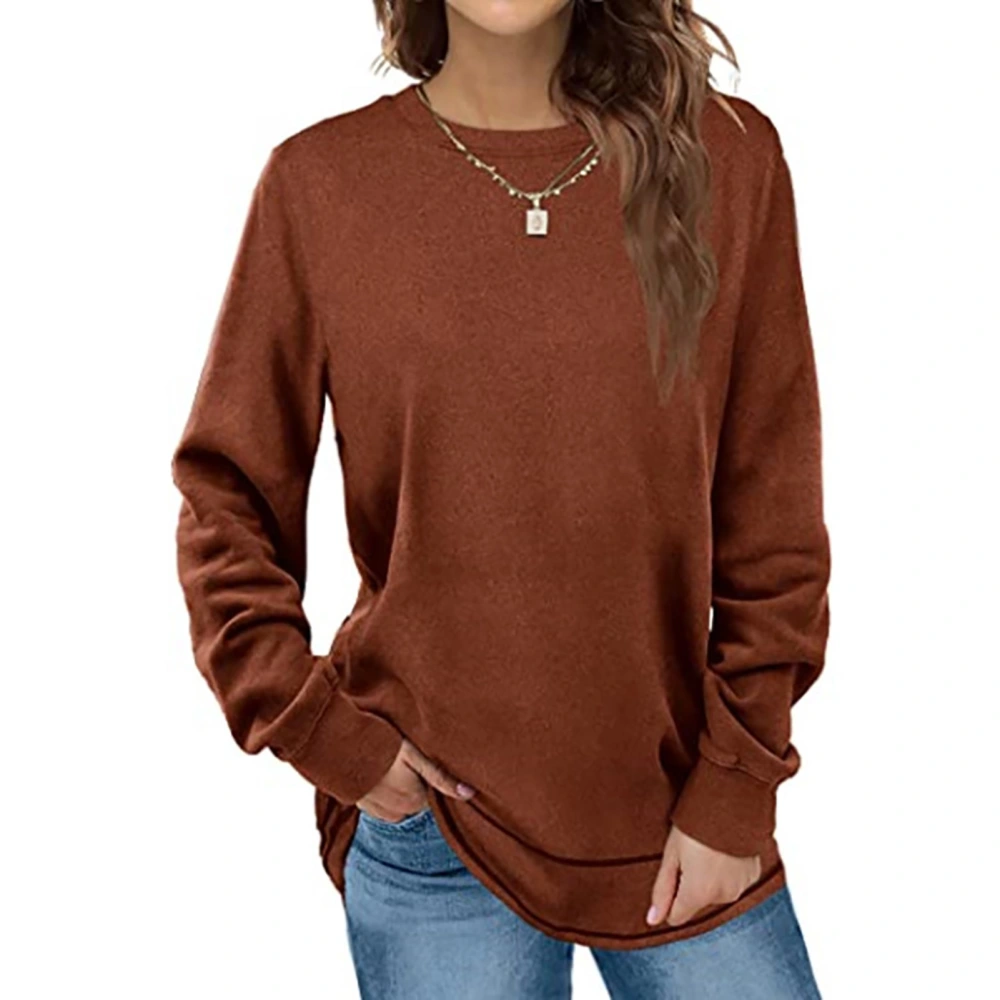 Women Round Neck Shirts Curved Hem Shirts Casual Pure Color Shirts Long Sleeves Pullover Caramel Colour S