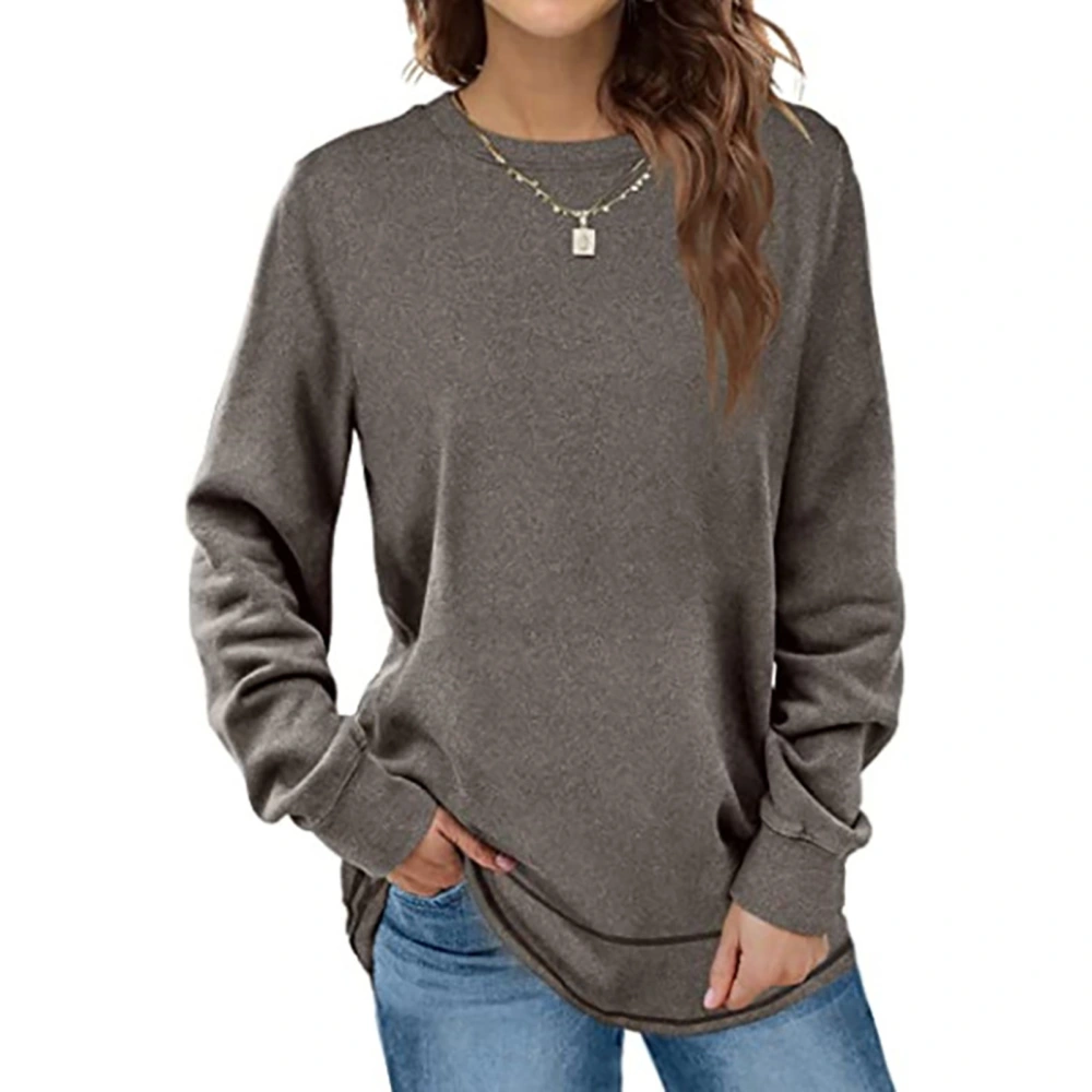 Women Round Neck Shirts Curved Hem Shirts Casual Pure Color Shirts Long Sleeves Pullover Grey L