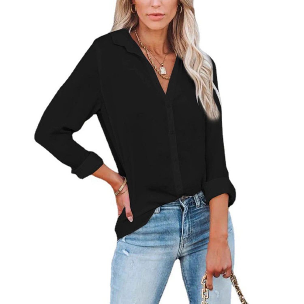 Women Button Down V Neck Long Sleeve Shirt Casual Loose Fit Fashion for Work Office Business Black L