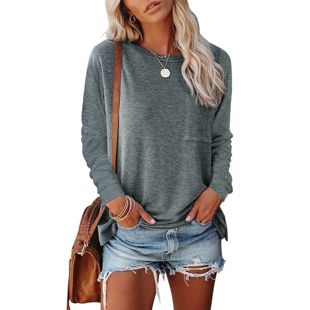 Crewneck Blouse Polyester Long Sleeve Pure Color Women Loose Fit Top with Pocket Grey L