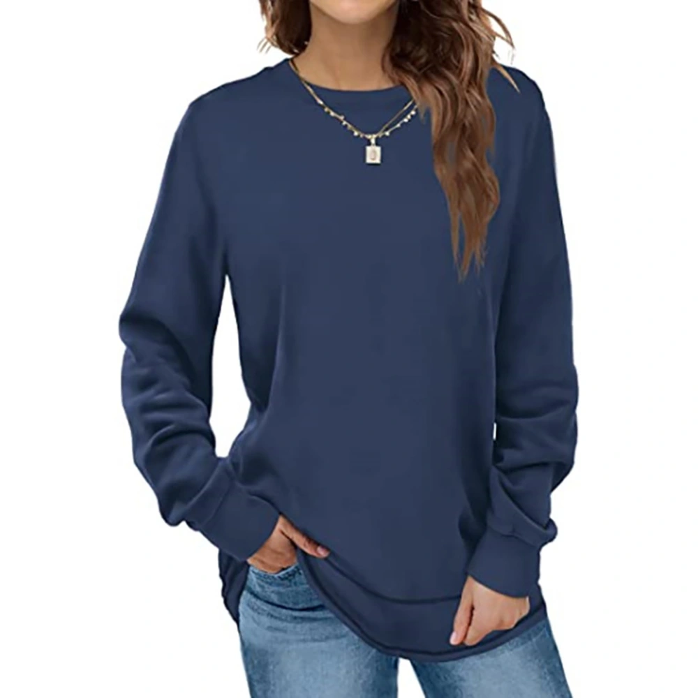 Women Round Neck Shirts Curved Hem Shirts Casual Pure Color Shirts Long Sleeves Pullover Ocean Blue M