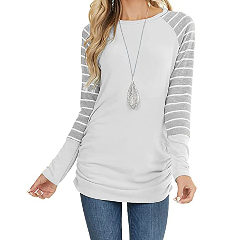 Women Striped Long Sleeve Shirts Raglan Round Neck Color Block Tunic Tops with Side Shirring for Daily Wear White S