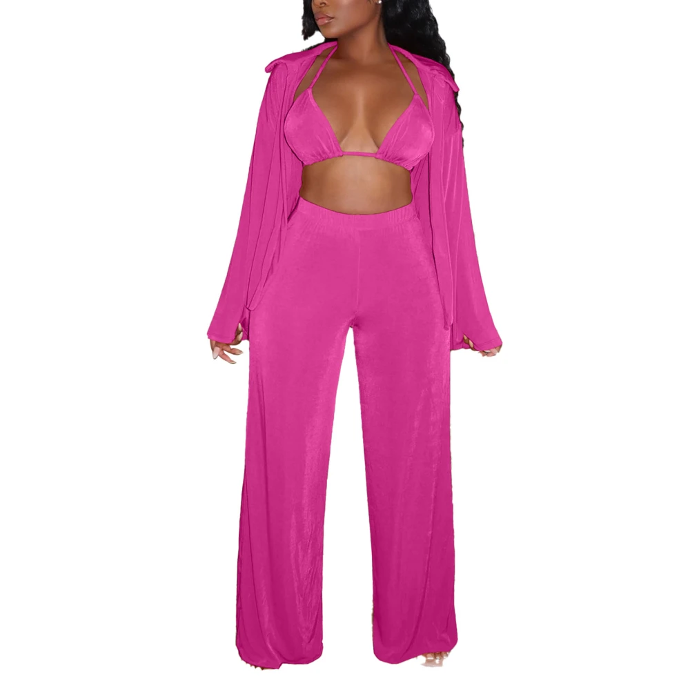 Women Long Warm Suit Lapel Top Straight High Waist Pants with Bra Thermal Underwear Set Rose Red L