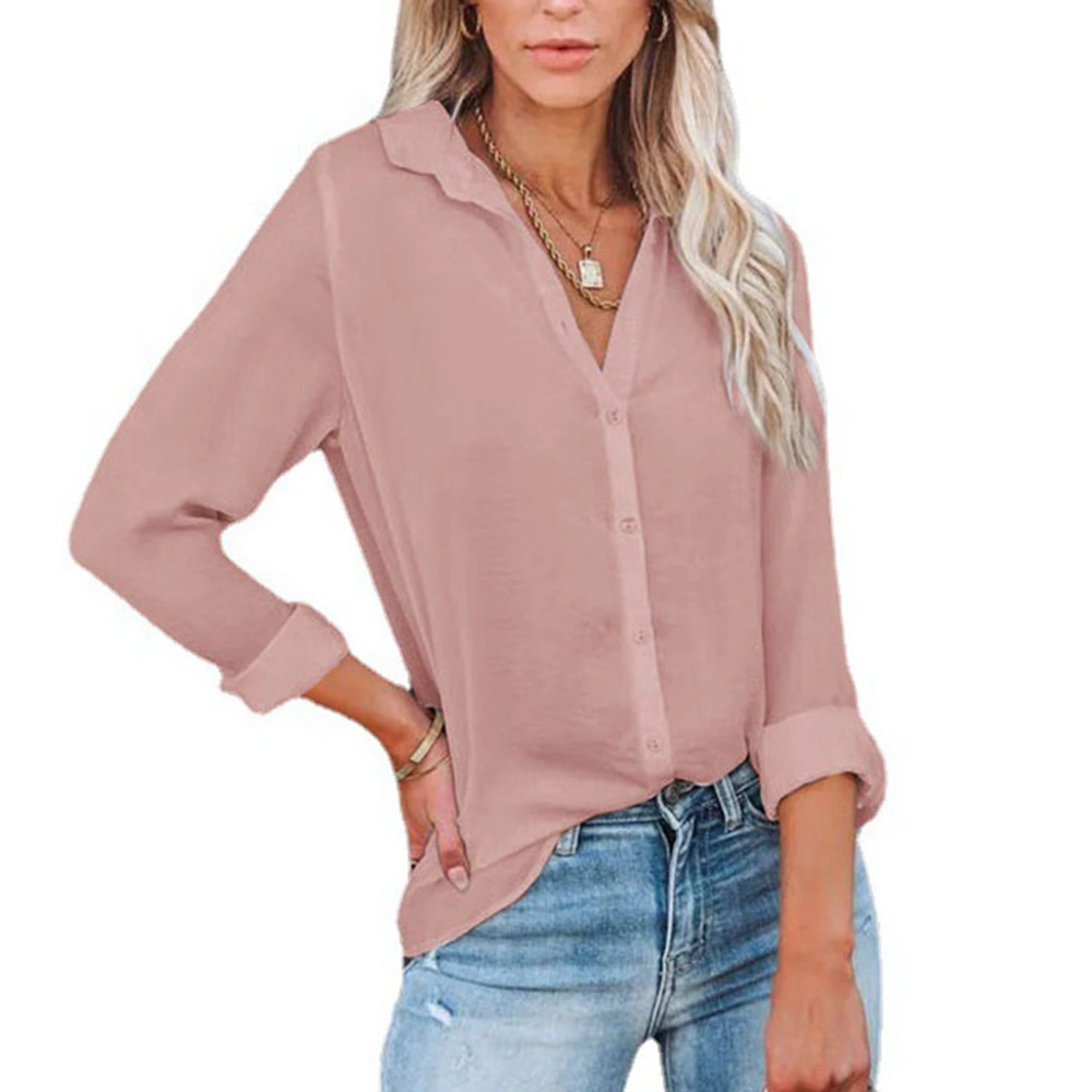 Women Button Down V Neck Long Sleeve Shirt Casual Loose Fit Fashion for Work Office Business Pink L