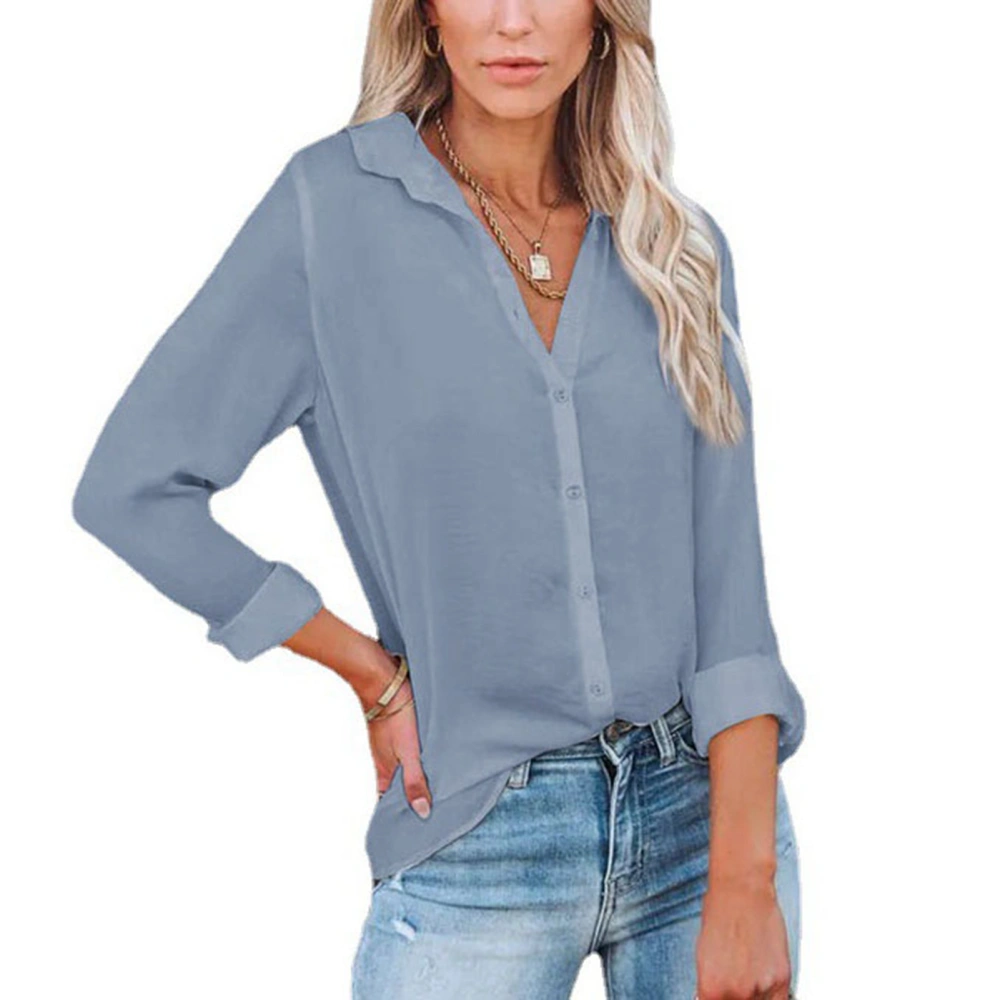 Women Button Down V Neck Long Sleeve Shirt Casual Loose Fit Fashion for Work Office Business Grey XL