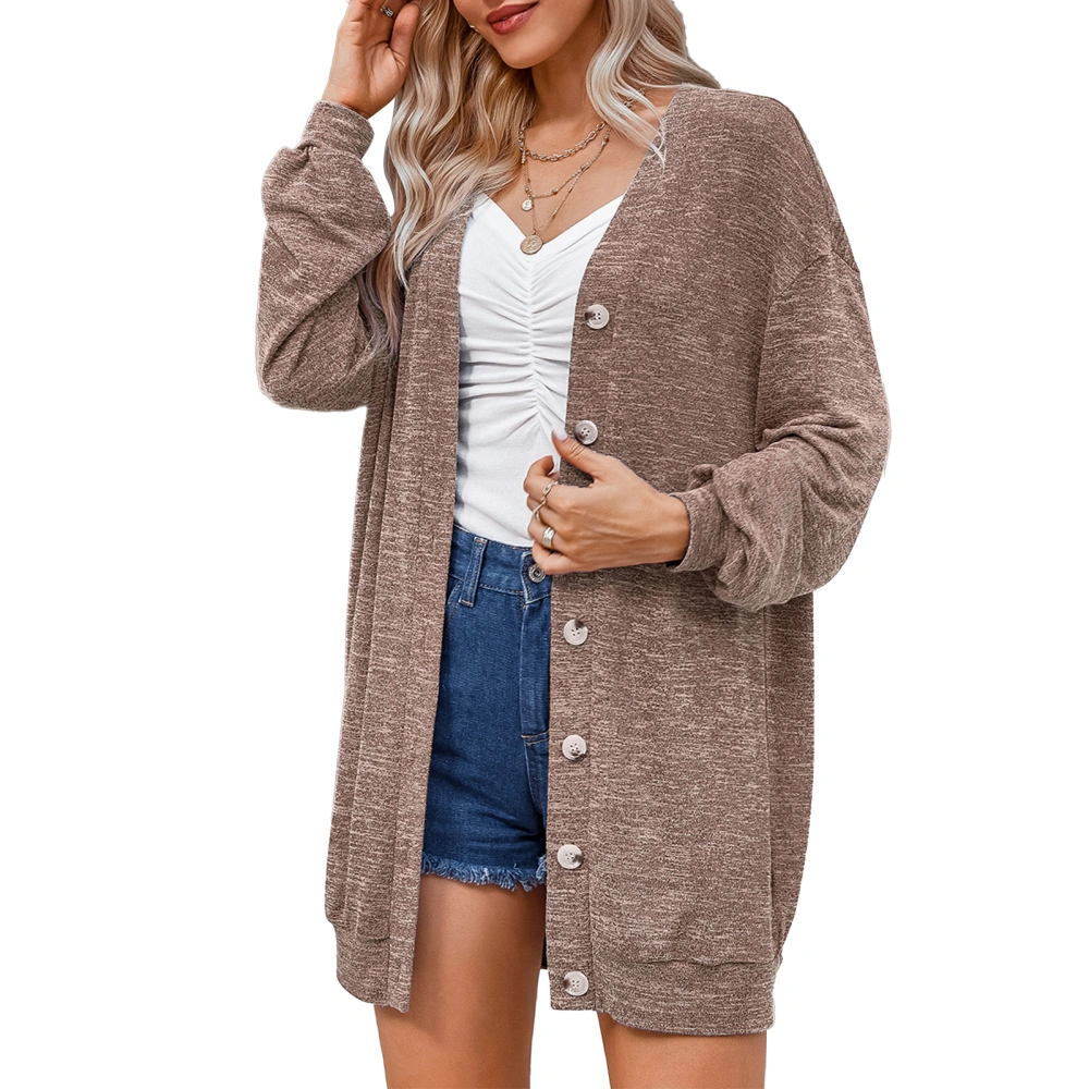 Women Cardigan Sweater Drop Shoulder Button Down V Neck Casual Knitwear Coat for Daily Wear Khaki S