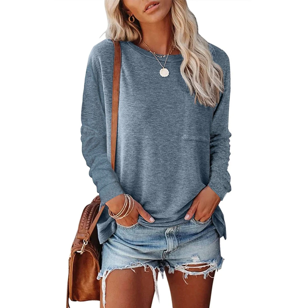 Crewneck Blouse Polyester Long Sleeve Pure Color Women Loose Fit Top with Pocket Grey Blue XL