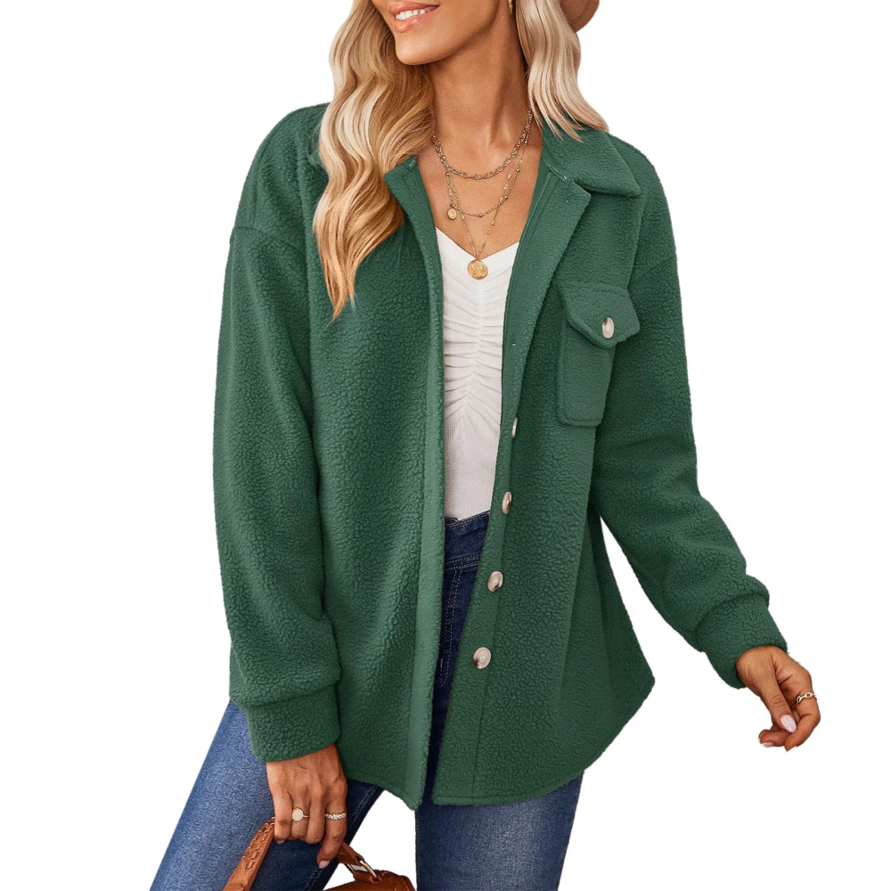 Women Lapel Jacket Pure Color Chest Pocket Button Closure Long Sleeves Machine Washable Casual Coat for Winter Autumn Dark Green L