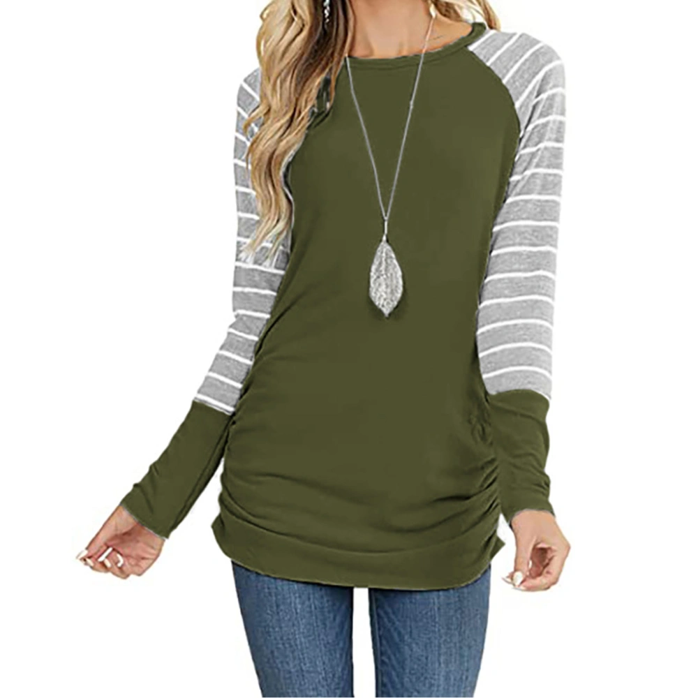 Women Striped Long Sleeve Shirts Raglan Round Neck Color Block Tunic Tops with Side Shirring for Daily Wear OD Green M