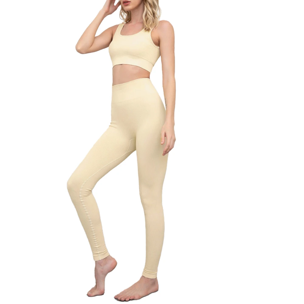 Women Workout Outfits 2 Piece Seamless Rib Knit Sports Bra High Waist Leggings for Yoga Exercise Beige L