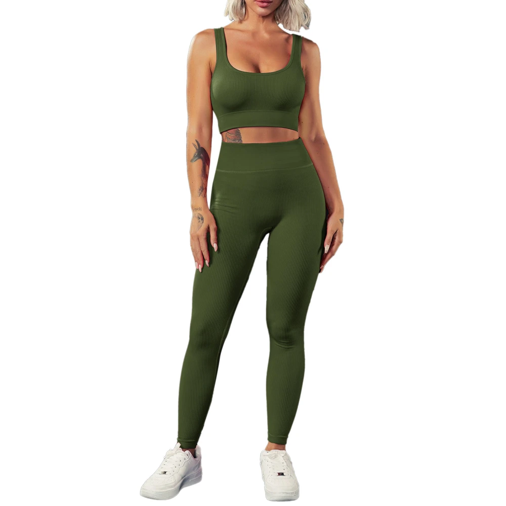 Women Workout Outfits 2 Piece Seamless Rib Knit Sports Bra High Waist Leggings for Yoga Exercise OD Green M