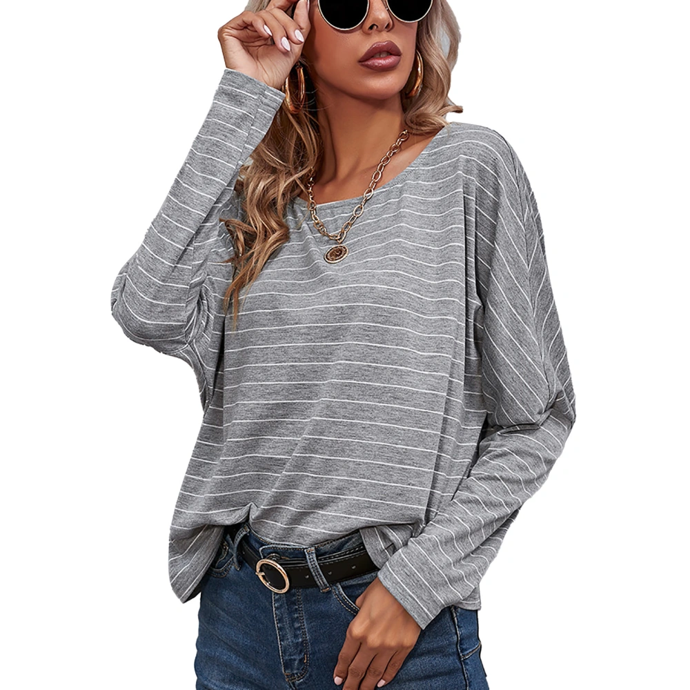 Women Long Sleeve Striped T Shirt Round Neck Shirts Casual Loose Drop Shoulder Shirts Grey M