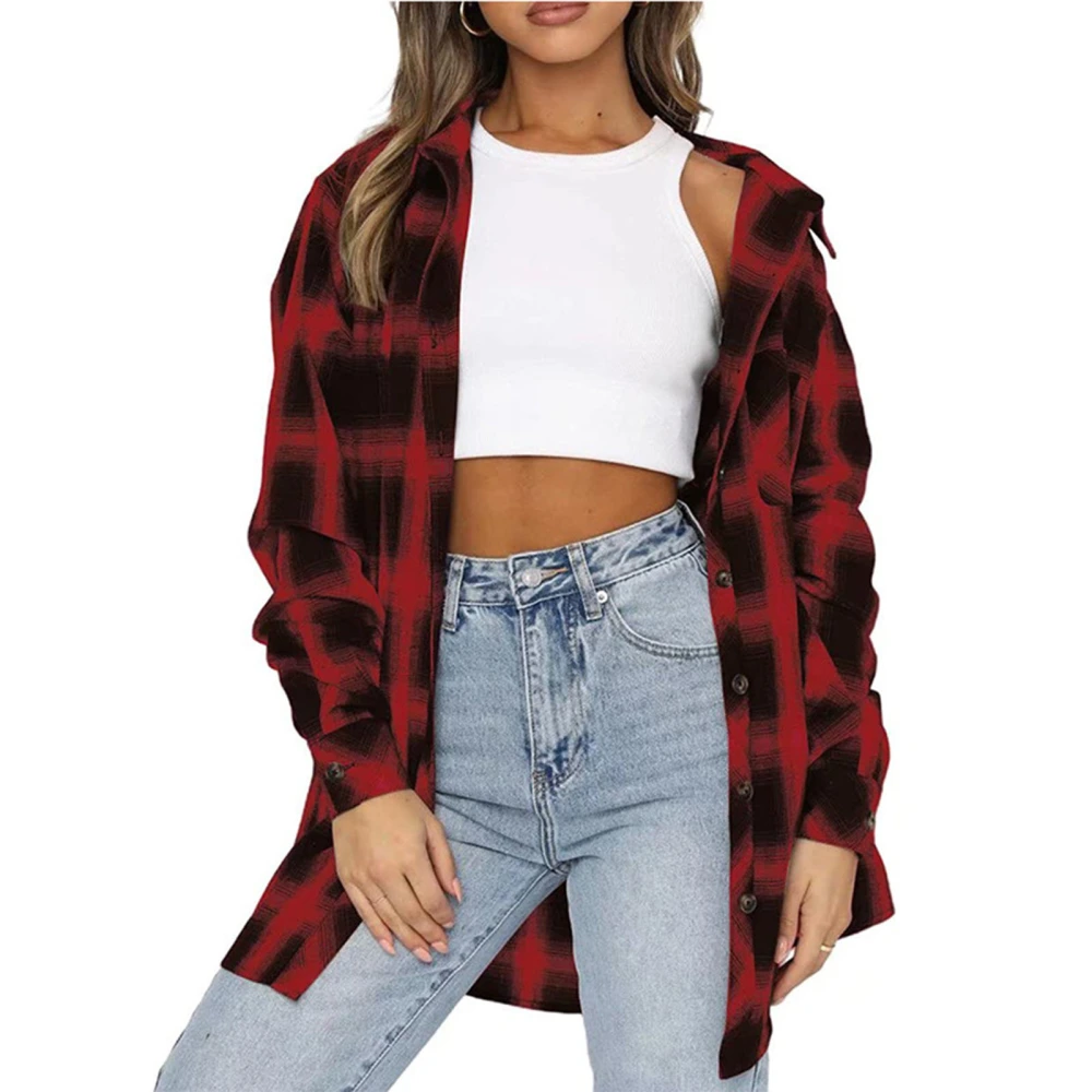 Women Oversized Plaid Shirt Lapel Long Sleeve Button Down Blouse Soft Comfortable Loose Casual Plaid Top for Daily Wear Red XL