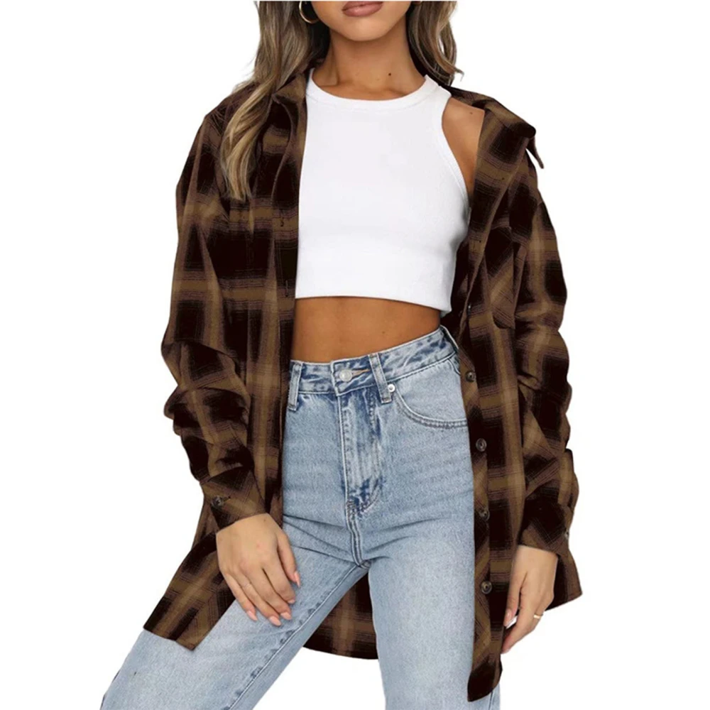 Women Oversized Plaid Shirt Lapel Long Sleeve Button Down Blouse Soft Comfortable Loose Casual Plaid Top for Daily Wear Khaki M