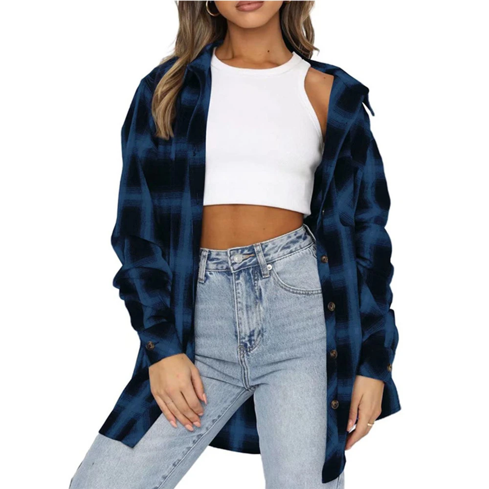 Women Oversized Plaid Shirt Lapel Long Sleeve Button Down Blouse Soft Comfortable Loose Casual Plaid Top for Daily Wear Blue XL