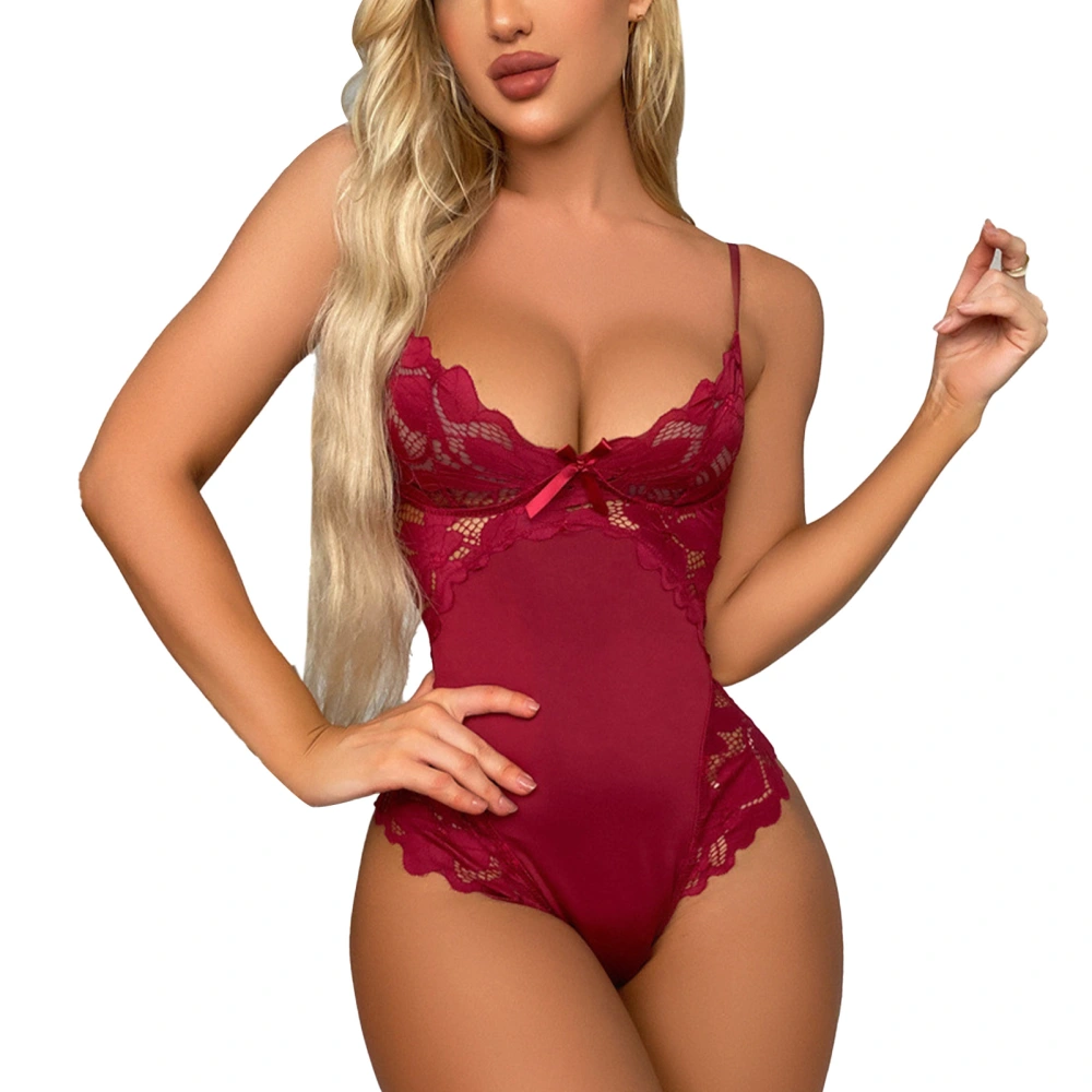 One Piece Bodysuit Mini Lace V Neck Backless Sleeveless Sleepwear for Women Honeymoon Wine Red L