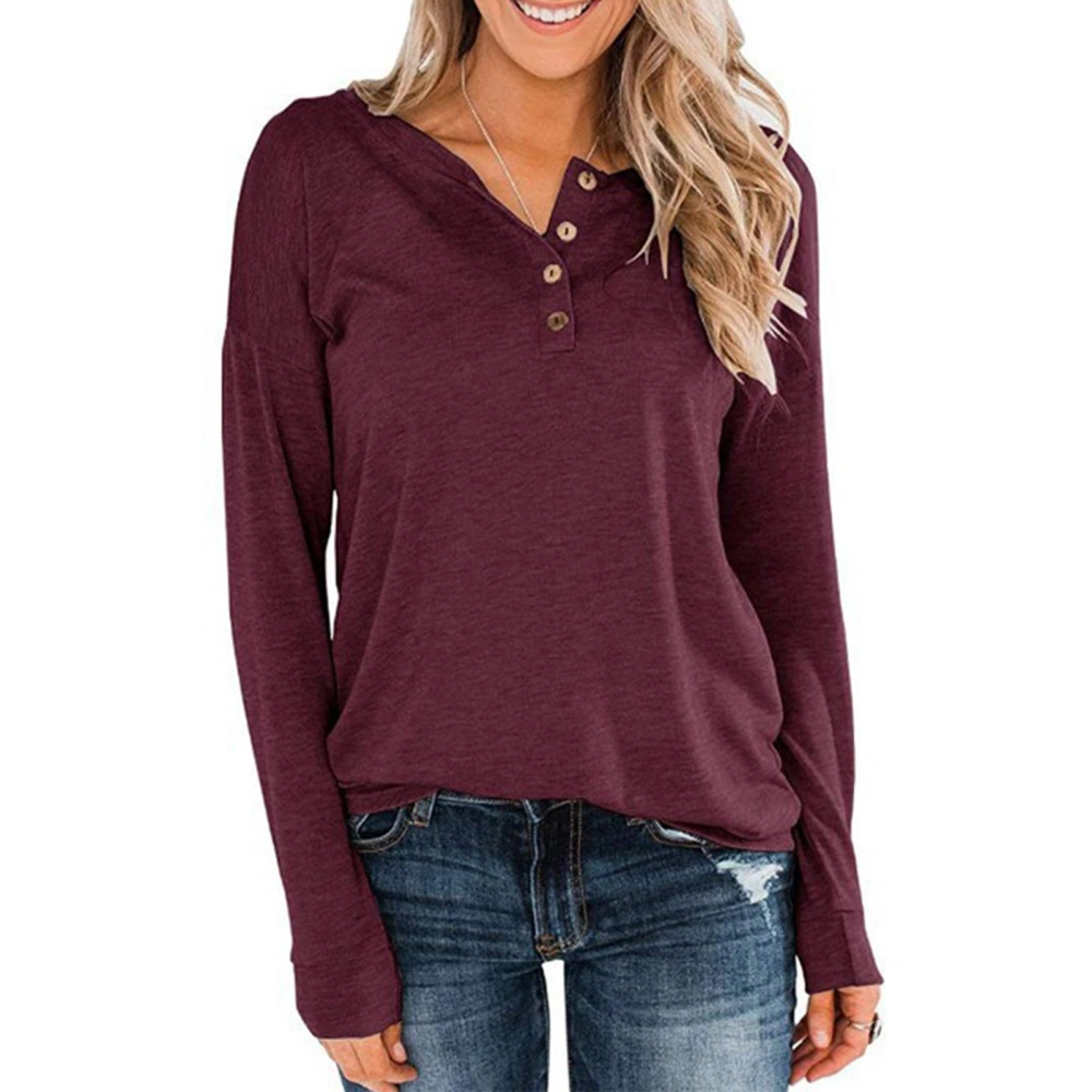 Women Long Sleeve Top Round Collar Tunics Pullover Pure Color with Buttons Casual Loose Fit Wine Red S