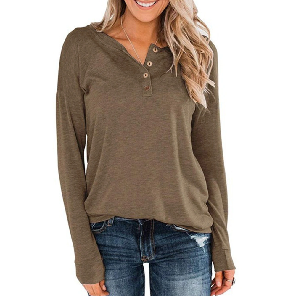 Women Long Sleeve Top Round Collar Tunics Pullover Pure Color with Buttons Casual Loose Fit Khaki S