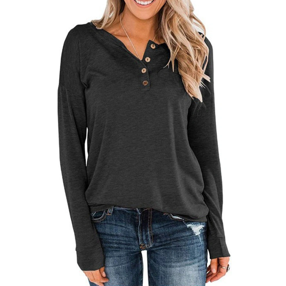 Women Long Sleeve Top Round Collar Tunics Pullover Pure Color with Buttons Casual Loose Fit Black XL