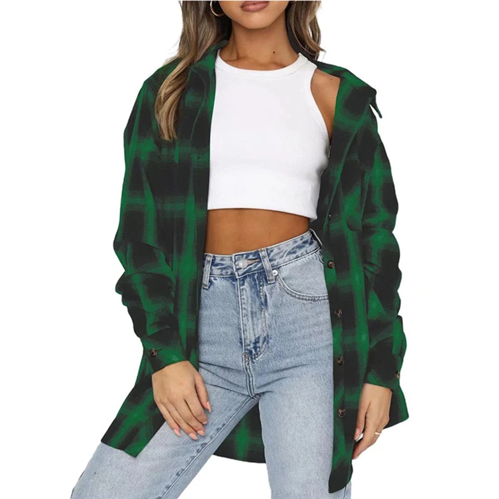 Women Oversized Plaid Shirt Lapel Long Sleeve Button Down Blouse Soft Comfortable Loose Casual Plaid Top for Daily Wear Green XL