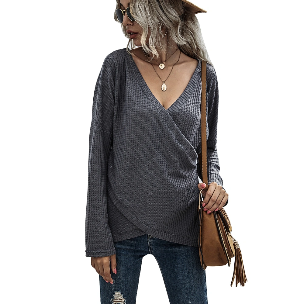 Women V Neck Knitted Bottoming Shirt Cross Wrap Hem Women Shirt Long Sleeve Waffle Top for Party Daily Life Dark Gray L