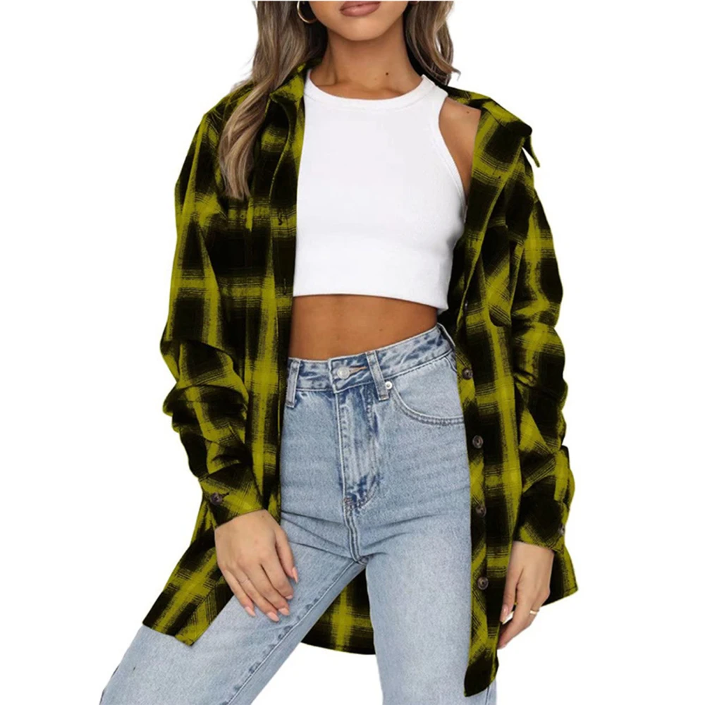 Women Oversized Plaid Shirt Lapel Long Sleeve Button Down Blouse Soft Comfortable Loose Casual Plaid Top for Daily Wear Yellow XL