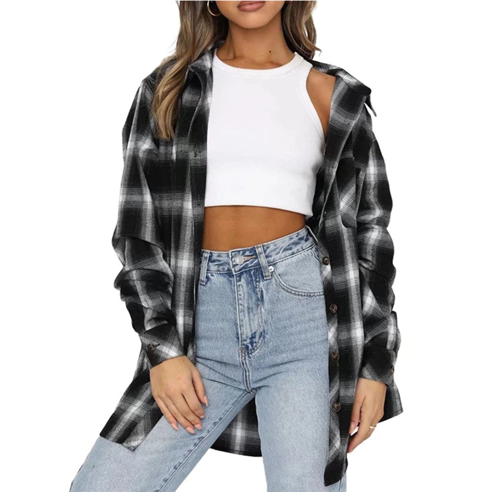 Women Oversized Plaid Shirt Lapel Long Sleeve Button Down Blouse Soft Comfortable Loose Casual Plaid Top for Daily Wear Black S