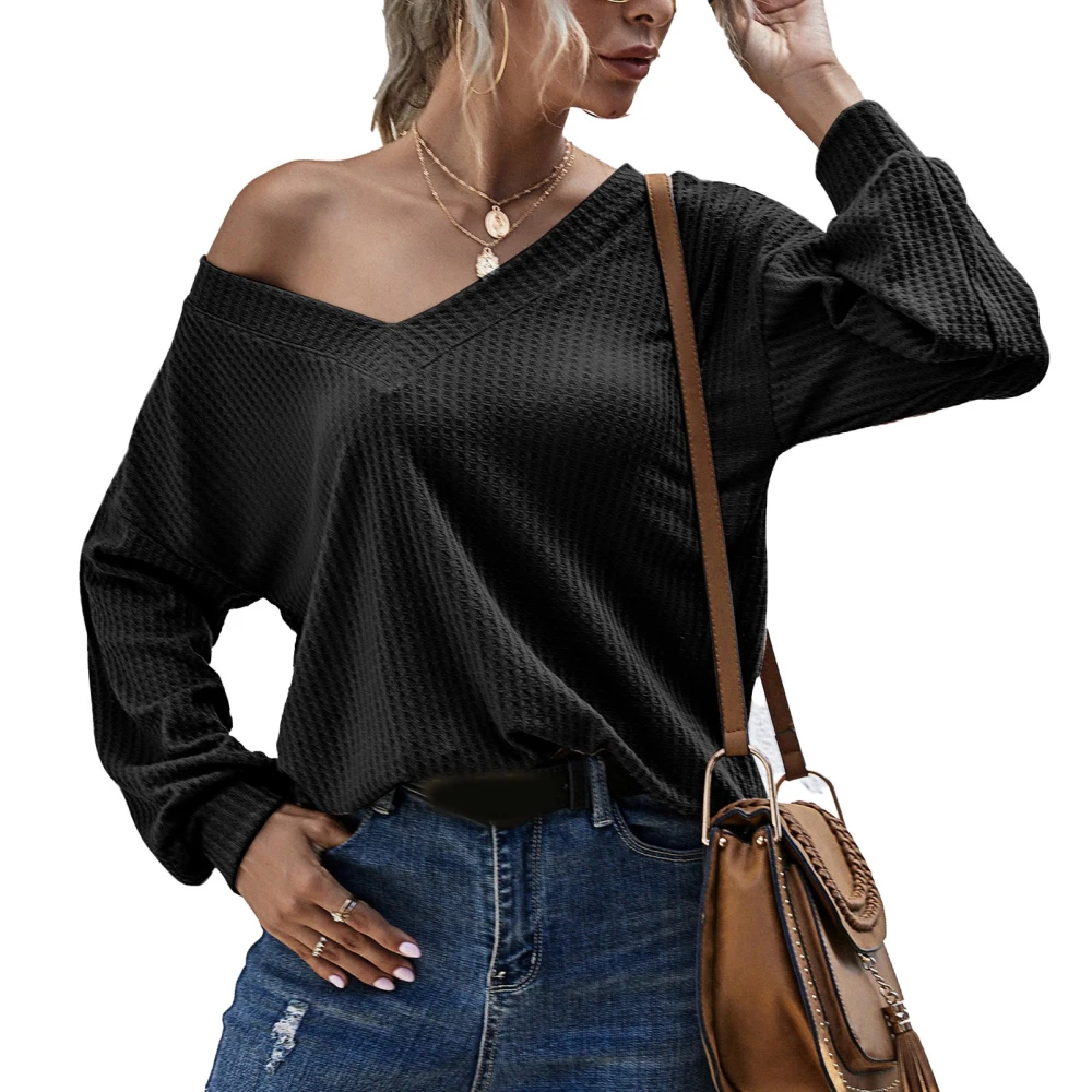 Women V Neck Knit Shirts Drop Shoulder Pure Color Top Long Sleeve Waffle Knit Top Loose Fit Pullover Black L