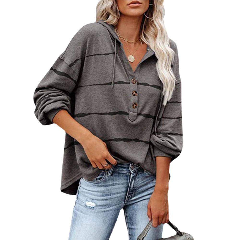 Blouse Long Sleeve V Neck Stripe Pattern Button Drawstring Hooded Casual Tops for Women Grey S