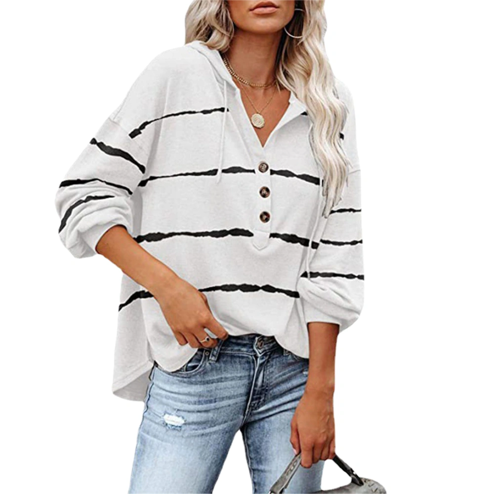 Blouse Long Sleeve V Neck Stripe Pattern Button Drawstring Hooded Casual Tops for Women White M