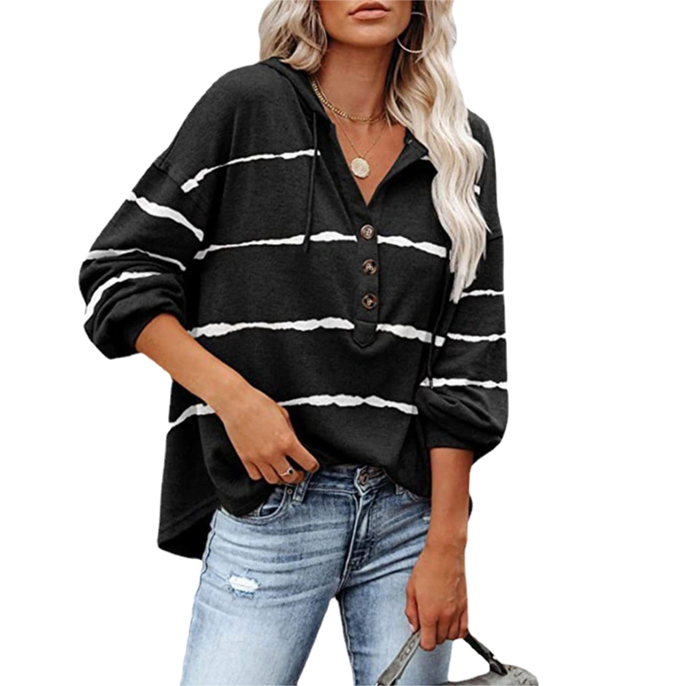 Blouse Long Sleeve V Neck Stripe Pattern Button Drawstring Hooded Casual Tops for Women Black S