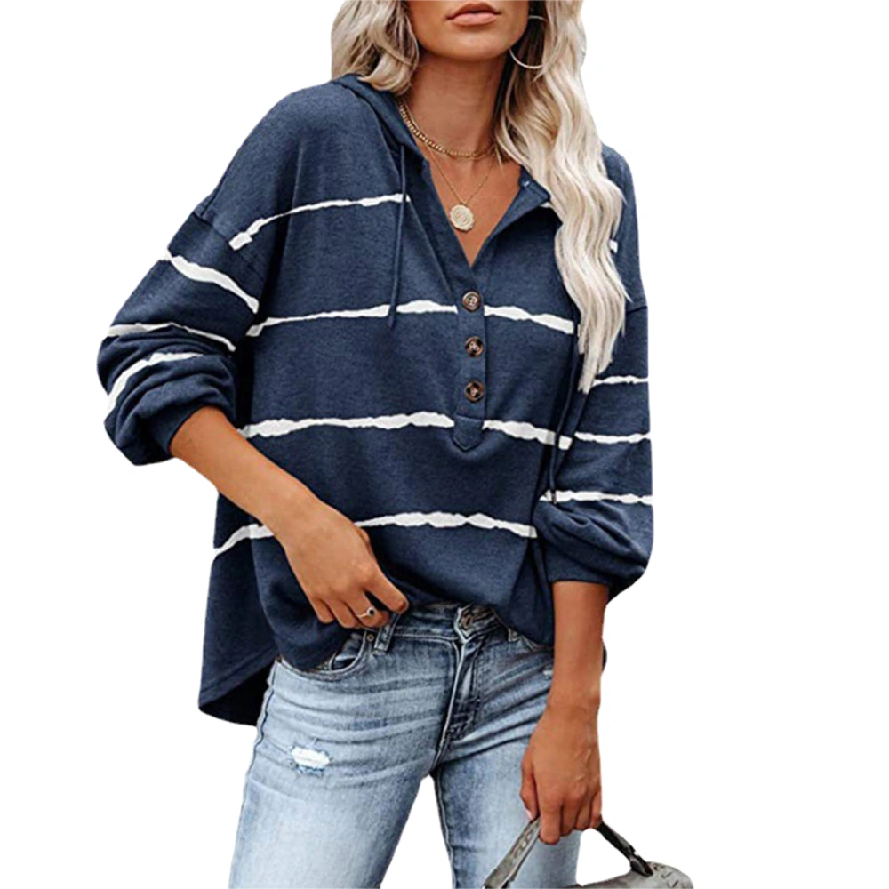 Blouse Long Sleeve V Neck Stripe Pattern Button Drawstring Hooded Casual Tops for Women Sky Blue S