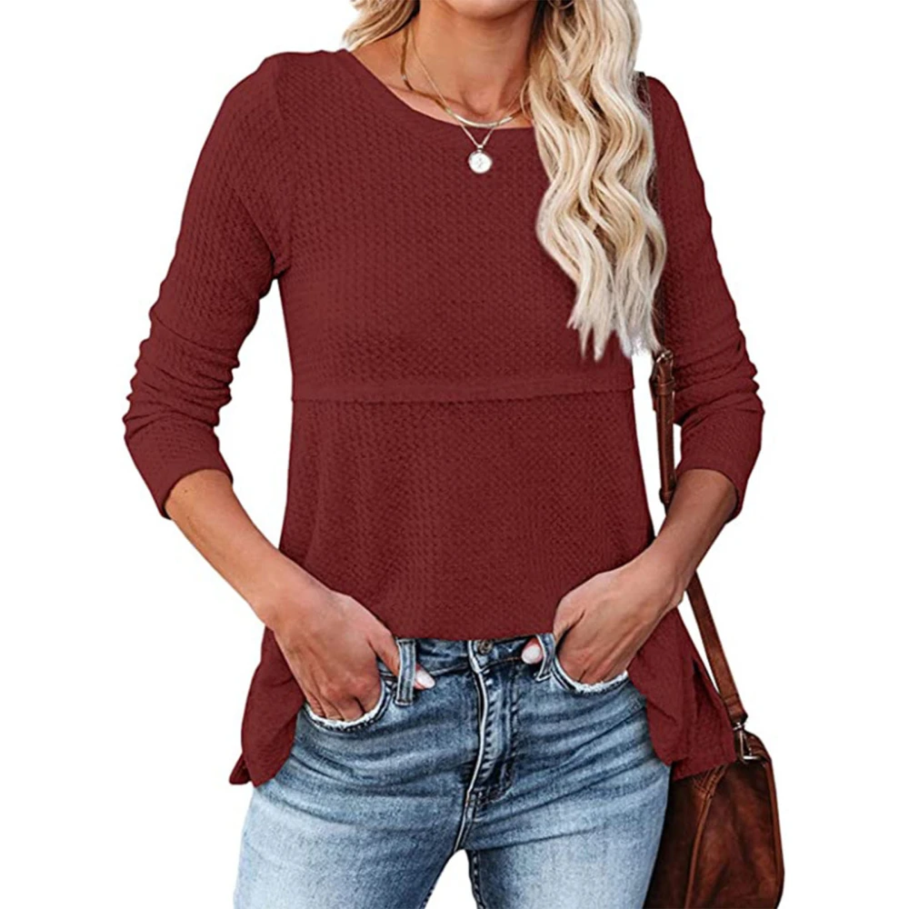 Women Waffle Knit T Shirt Back Hollow Out Crewneck Long Sleeve Top Casual Comfortable Shirt for Daily Wear Wine Red S