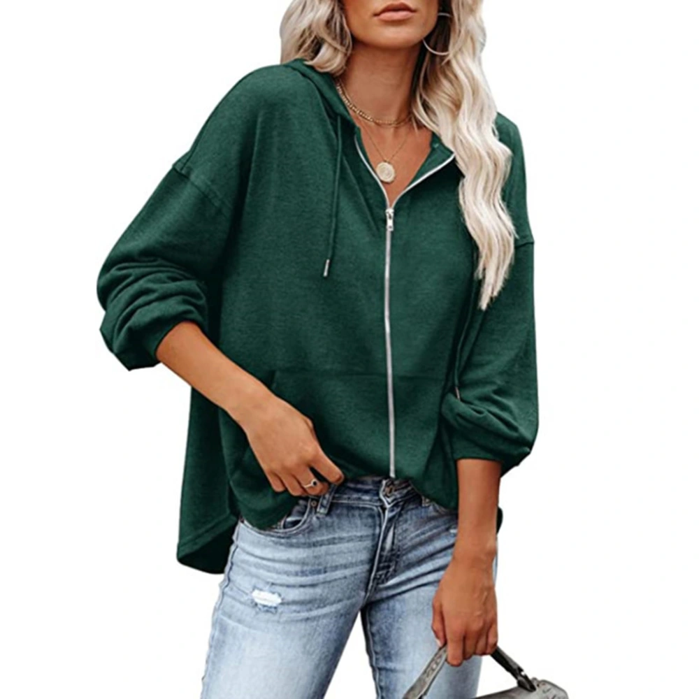 Women Long Sleeve Comfortable Hooded Sweatshirt Full Zip Hoodie Drawstring Pullover Green L