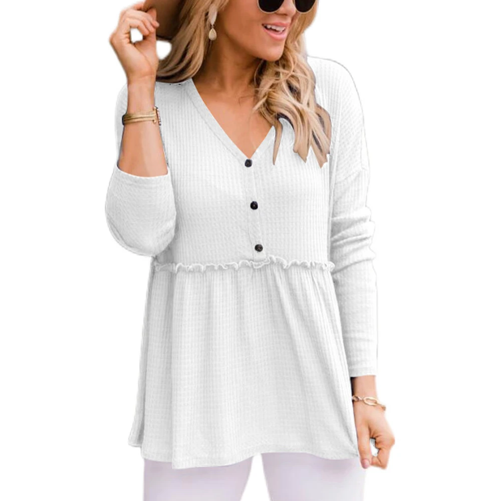 Women Blouse V Neck Top Long Sleeve Button Ruffled Loose Hem Polyester for Home Office White S