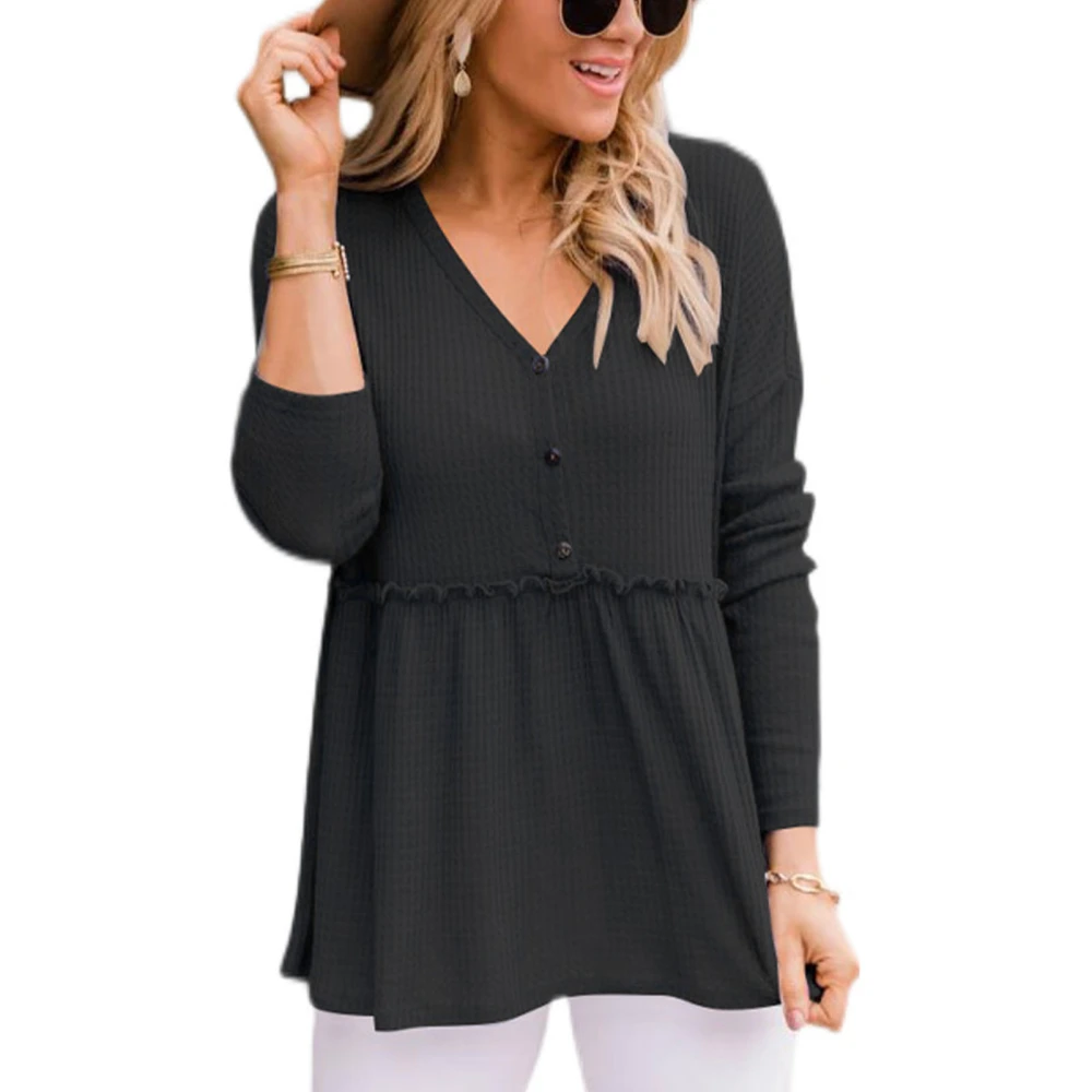 Women Blouse V Neck Top Long Sleeve Button Ruffled Loose Hem Polyester for Home Office Black L