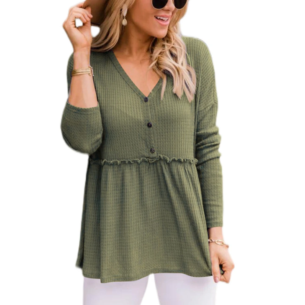 Women Blouse V Neck Top Long Sleeve Button Ruffled Loose Hem Polyester for Home Office OD Green S