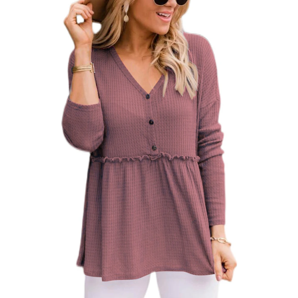 Women Blouse V Neck Top Long Sleeve Button Ruffled Loose Hem Polyester for Home Office Pink XL