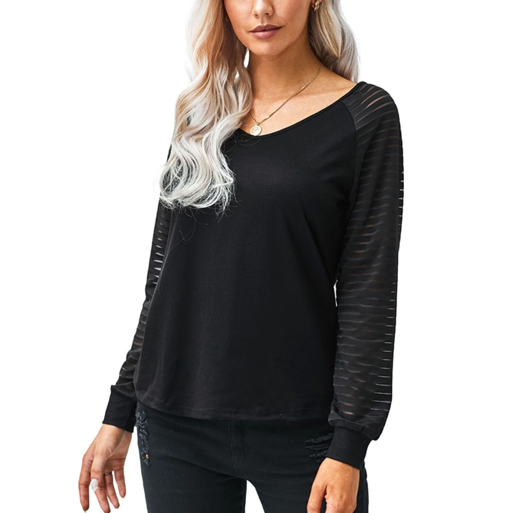 Women Long Sleeve T Shirt Transparent Striped Stitching V Neck Top for Autumn and Winter Black S