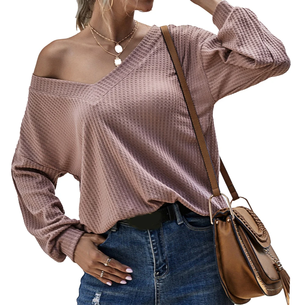 Women V Neck Knit Shirts Drop Shoulder Pure Color Top Long Sleeve Waffle Knit Top Loose Fit Pullover Gray Pink L