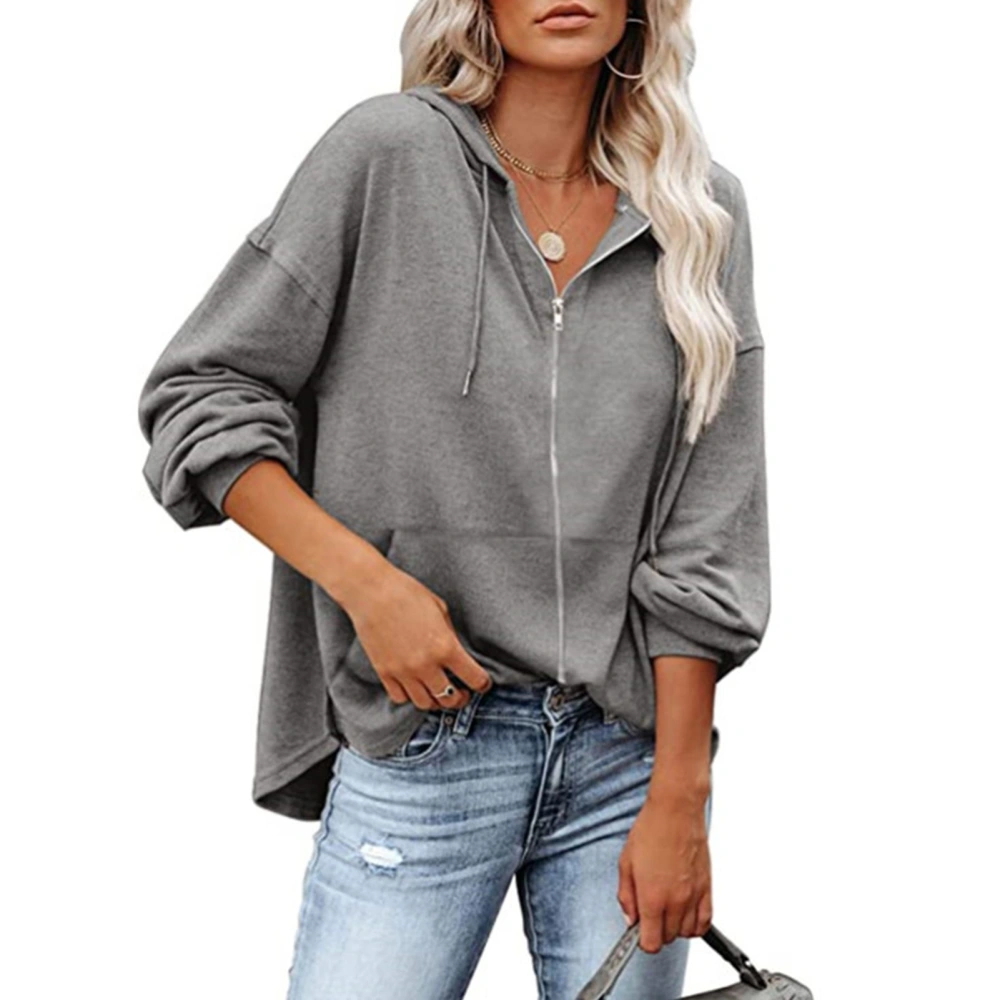 Women Long Sleeve Comfortable Hooded Sweatshirt Full Zip Hoodie Drawstring Pullover Grey M